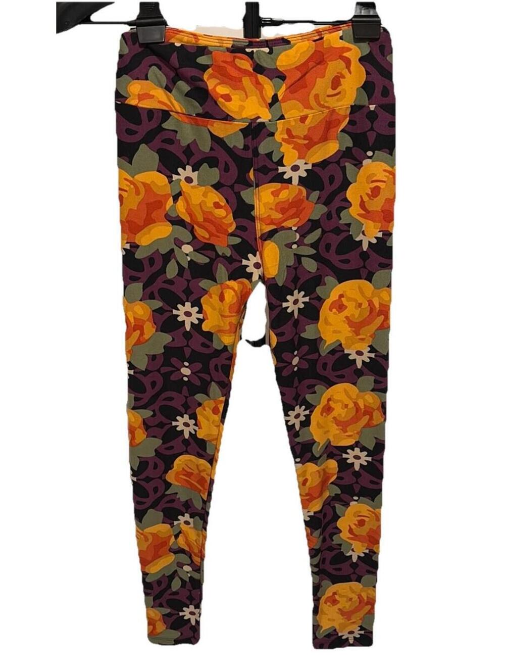 New LuLaRoe Yellow Rose Pattern Purple Black Background Leggings OS Size (2-10)